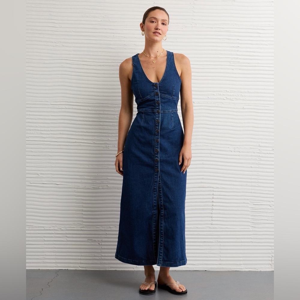 AE V-Neck Denim Button-Down Maxi Dress